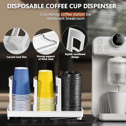 Paper Cup and Lid Holder, Disposable Coffee Cup Dispenser, 3-Slot Upright Paper Cup Dispenser for Coffee Stations, Kitchens, Bars, Restaurants, Lounges (White) - color: White, size: Large