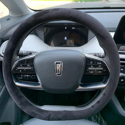 D Shape Fluffy Steering Wheel Cover, Short Plush Auto Accessories for Men and Women with Inner Ring Universal 15 Inch (D-Shape Black)