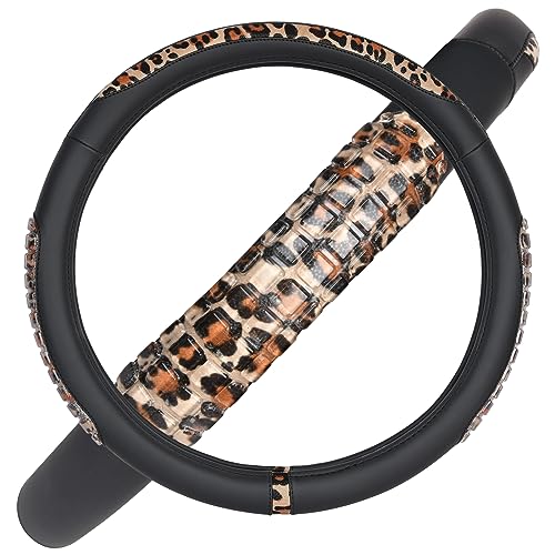 Flying Banner car Steering Wheel Cover Gel Massage Velvet Cool Warm Universal Size 15 inches SUV Truck Anti Slip Odorless Summer Winter (Black Brown Leopard Print, Gel Massage) - color: Black Brown Leopard Print
