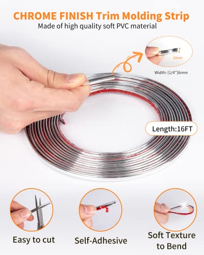 16Ft Chrome Car Trim Strip, Self-Adhesive Automotive Exterior and Interior Side Body Moulding, 1/4 inch (6mm) Scratch-Proof Silver DIY Accessories for Decorate Bumper Door Window