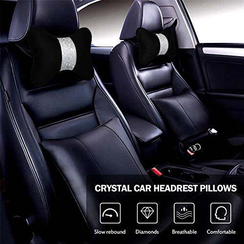 2 - Pack Bling Car Seat Neck Rest Pillow Soft Plush Crystal Headrest Head Support Cushion Car Decor Accessories for Women,Universal Fit for Car Seat Headrest, Black