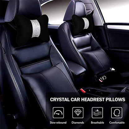 2 - Pack Bling Car Seat Neck Rest Pillow Soft Plush Crystal Headrest Head Support Cushion Car Decor Accessories for Women,Universal Fit for Car Seat Headrest, Black