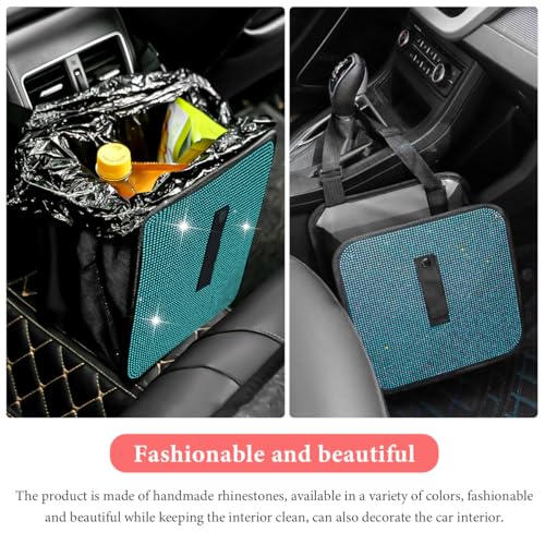 Car Foldable Trash Can, Bling Rhinestone Oxford Garbage Container Hanging Waterproof Organizer, Mini Crystal Dustbin Waste Basket Leakproof Trash Bin for Car Office Kitchen (Lake Blue) - color: Lake Blue