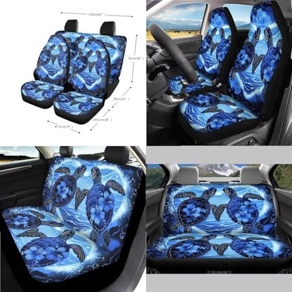 Wanyint Sea Turtle Blue 14 PCS Car Seat Covers Set, Auto Seat Protector with Steering Wheel Cover Seat Belt Pads Garbage Bag Armrest Cover Handbrake Cover Set Rear View Mirror Protector Coasters - color: Sea Turtle Hibiscus Blue