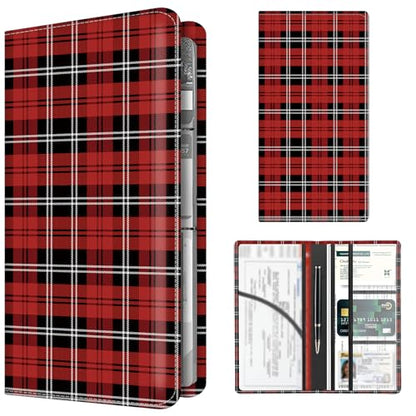 Premium Car Registration and Insurance Card Holder, Cute PU Leather Car Document Holder, Vehicle Glove Box Car Organizer with Magnetic Closure for Driver License, Cards Red Plaid - color: Red Plaid