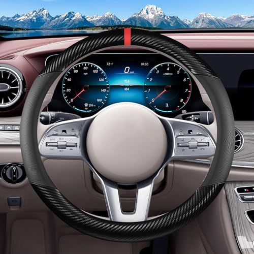 Black Carbon Fiber Leather Steering Wheel Cover, Microfiber Leather, Anti-Slip, Breathable, Universal Fit for 14.5–15 in Steering Wheel Cover for Men Women - color: Splicing Carbon Fiber - Black