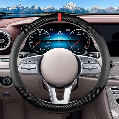 Black Carbon Fiber Leather Steering Wheel Cover, Microfiber Leather, Anti-Slip, Breathable, Universal Fit for 14.5–15 in Steering Wheel Cover for Men Women - color: Splicing Carbon Fiber - Black