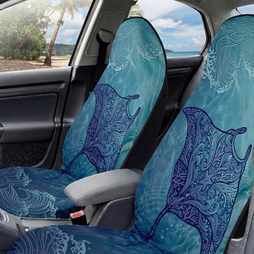2 Pack Car Seat Towel Covers, Sweat-Proof Microfiber Seat Protectors for Gym, Running, Beach & Workout, Breathable Quick-Dry, Machine Washable, Coral Manta Ray Print, Universal Fit