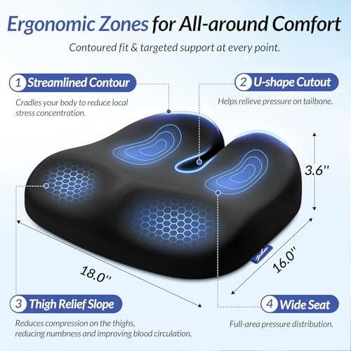 Ergonomic Seat Cushion with Thigh Relief Slope, High-Density Memory Foam Office Chair Cushions with U-Shaped Back for Tailbone, Sciatica Pain Relief, Suitable for Car Seat, Airplane, Bleacher