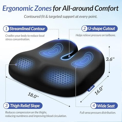 Ergonomic Seat Cushion with Thigh Relief Slope, High-Density Memory Foam Office Chair Cushions with U-Shaped Back for Tailbone, Sciatica Pain Relief, Suitable for Car Seat, Airplane, Bleacher