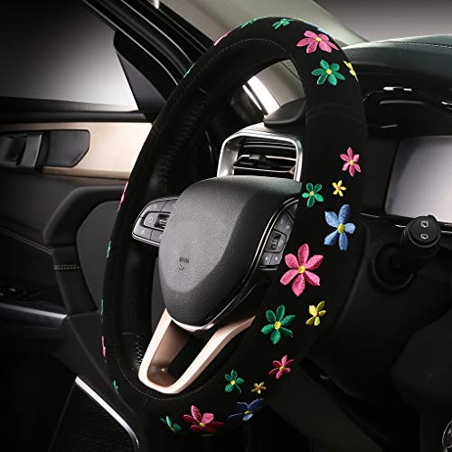 Embroidery Cute Steering Wheel Covers,DeepFloral Stitched,Hand-Grip,Universal Fit Most Cars SUV,Colorful (FXP-HUA02)