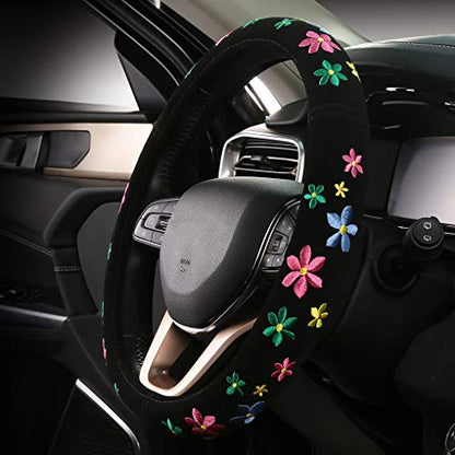 Embroidery Cute Steering Wheel Covers,DeepFloral Stitched,Hand-Grip,Universal Fit Most Cars SUV,Colorful (FXP-HUA02)