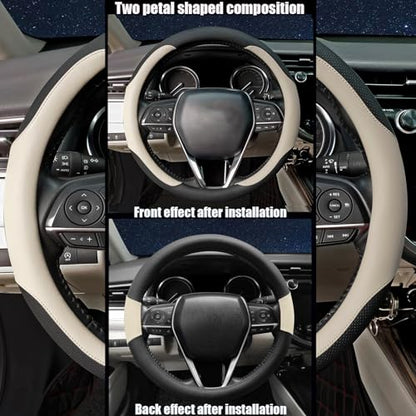 Steering Wheel Cover Standard Size Medium 14.5-15 inch, Non-Folding Packaging, Microfiber Leather, Anti-Slip, Soft Grip, Universal Fit for Cars SUVs Trucks, Black and Off-White - color: Black and Beige