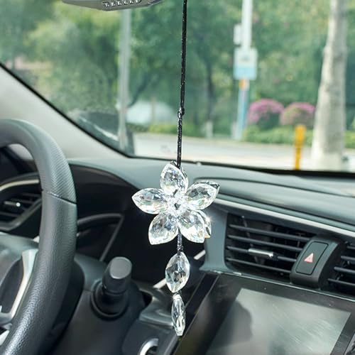 Crystal Flower Car Rear View Mirror Hanging Ornament - Sparkles with Rainbows for a Sense of Luck and Happiness Car Interior Accessories (Transparent) - color: Crystal Flower - Transparent