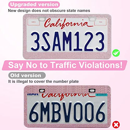 QUANQIUFEI 2 Pack Bling License Plate Frames for Women, Sparkly Rhinestone Diamond Car Accessories with Glitter Crystal Caps (Pink) - color: Pink