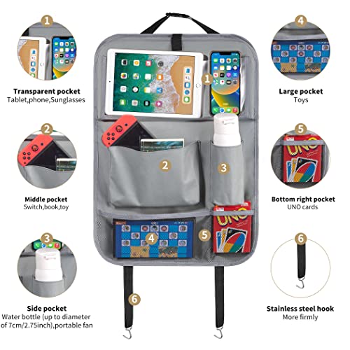 Car Backseat Organizer with Tablet Holder-2 Pcs,6 Storage Pockets Car Storage Organizer with Foldable Food Tray Protectors Kick Mats Travel Accessories-Grey - color: Gunmetal Grey, size: 2 Pack with Food Tray