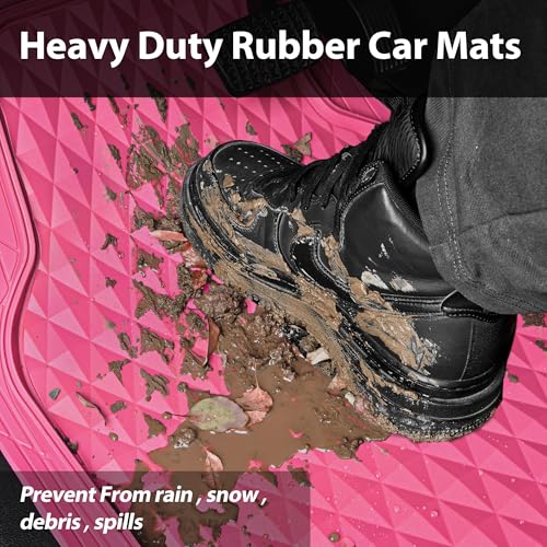 CAR PASS Heavy Duty Rubber Pink Car Floor Mats, Deep Dish All-Weather Full Set Durable Anti-Slip 3D Rhombus Waterproof Trim to Fit Liner Universal Fit Automotive,Sedan,SUV,Truck, 3 Pcs Hot Pink - color: hot pink