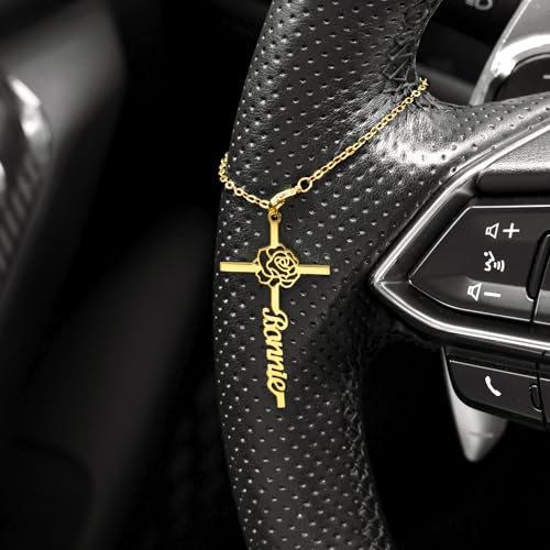 Personalized Steering Wheel Charm with Name | Custom Birth Flower Cross Car Hanging Ornament | 5.9" Car Accessory | Car Decor Gift for Women Men Drivers (Birth Flower) - color: Birth Flower