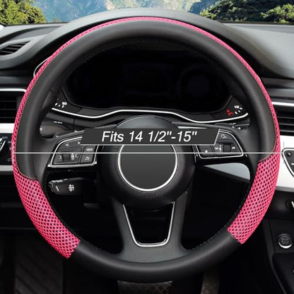 15 inch Steering Wheel Cover, Cooling Ice Silk Mesh with Microfiber Leather, Heat Resistant, Breathable, Anti-Slip, Summer Cool, Universal Fit, Black & Red - color: red, size: Standard Size[14.5"-15"]