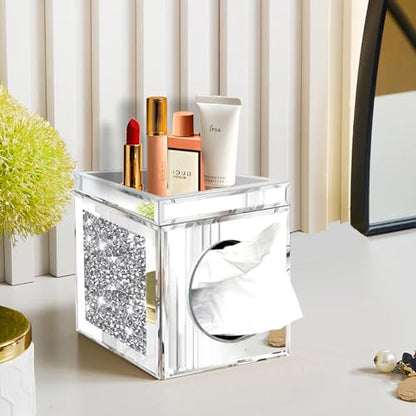 Wocred Square Tissue Box Cover Upgrades with Storage Tray,Crystal Crushed Diamond Tissue Box, Luxury Tissue Holders for Either Tissues in a Bathroom or Napkins on a Table.(6.5”x5.5”x5.5”) - color: Silver Tissue Box Tray