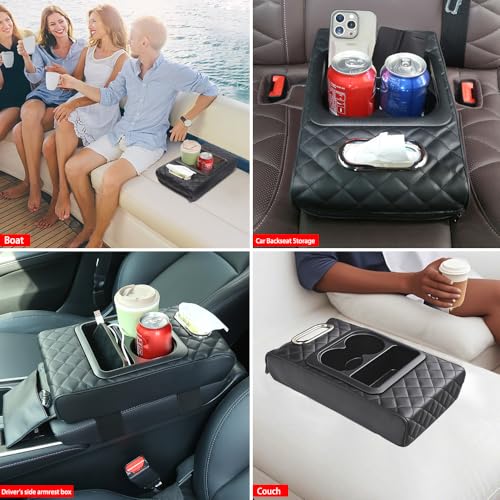 Multi-Functional Adjustable Armrest Cushion - Universal Car Boat Sofa Pad with Built-in Tissue Box & Cup Holder, Faux Leather Storage Organizer for Front/Rear Seats, Yacht, Central Console