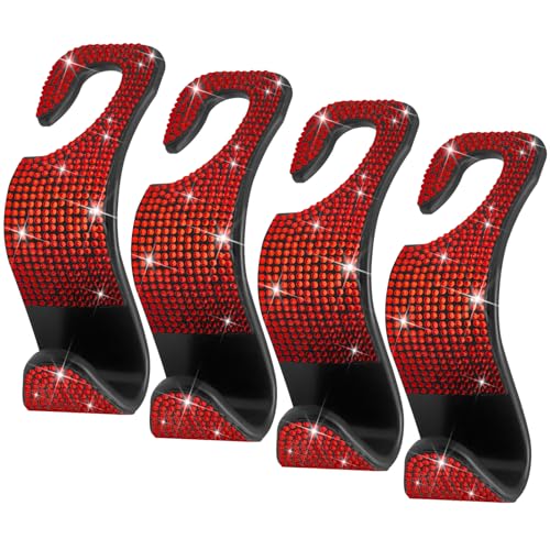 4 Packs Car Purse Hook, Bling Seat Headrest Bag Holder Hanger for Car, Easy Install Car Organizer Accessories Gift for Women (red) - color: Red