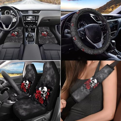Red Rose and Skull Print 17 Pcs Car Seat Cover Full Set, Car Seat Cover Thickened Non-Slip Floor Mats Steering Wheel Cover Keychains Seatbelt Pad Armrest Cover Cup Coasters - color: Red Rose and Skull Print