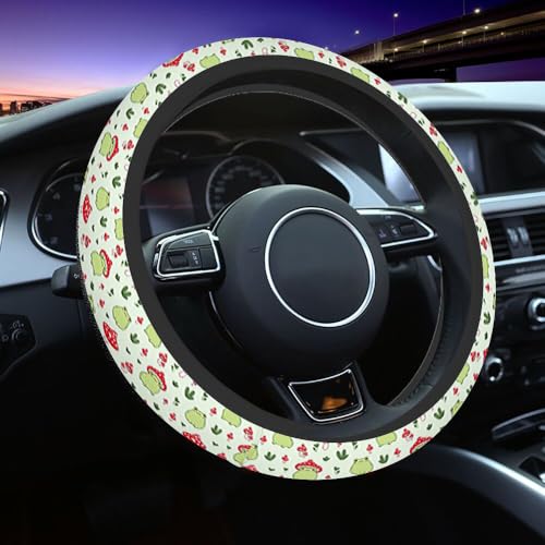 Frog Car Steering Wheel Cover Cute Frog Wearing a Mushroom Hat Steering Wheel Cover Car Decor Suitable for Most Vehicles Including Trucks and SUV - color: Multi1116