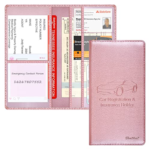 Car Insurance and Registration Holder, 9.5 x 5 Inch PU Leather Vehicle Glove Box Organizer Wallet Case for Insurance Card, Driver License, Paperwork - Rose Gold - color: RoseGold