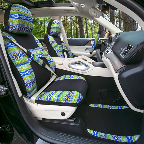 FH Group Full Set Southwestern Print Cloth Car Seat Covers Combo Set with Carpet Floor Mats, Universal Fit, Washable Seat Cover for SUV, Sedan, Green - color: Green