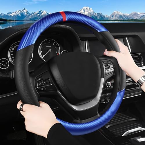 Black & Blue Carbon Fiber Leather Steering Wheel Cover, Microfiber Leather, Anti-Slip, Breathable, Universal Fit for 14.5–15 in Steering Wheel Cover for Men Women - color: Splicing Carbon Fiber - Black and Blue