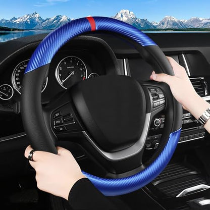 Black & Blue Carbon Fiber Leather Steering Wheel Cover, Microfiber Leather, Anti-Slip, Breathable, Universal Fit for 14.5–15 in Steering Wheel Cover for Men Women - color: Splicing Carbon Fiber - Black and Blue