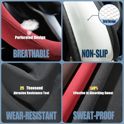 Red Suede D Shaped Steering Wheel Cover, Breathable Non-Slip Sweat-Proof Wear-Resistant No Pilling, Warm in Winter and Cool in Summer, Universal 15 inch - color: Red, size: D Shape-M[14.5''-15'']