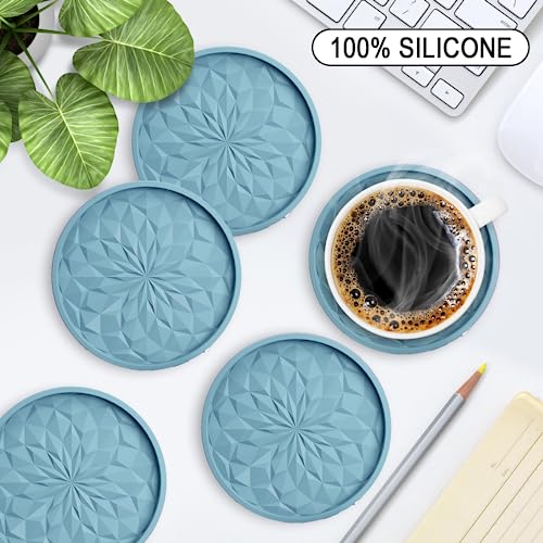 Silicone Coasters with Holder,[6 Pack] Drinking Coasters - Cup Mat for Hot or Cold Drinks, Thickened, Non-Slip, Non-stick,Deep Tray Ether - color: Ether
