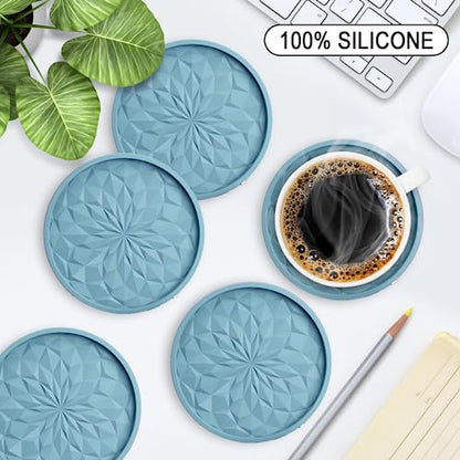 Silicone Coasters with Holder,[6 Pack] Drinking Coasters - Cup Mat for Hot or Cold Drinks, Thickened, Non-Slip, Non-stick,Deep Tray Ether - color: Ether