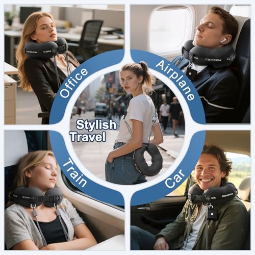 Travel Neck Pillow for Airplane Sleeping – 360° Head Support Prevents Bobbing, 100% Memory Foam Ergonomic Neck Cushion with No-Case-Needed Carry Strap for Long Flights & Car – Washable Cover (Black)