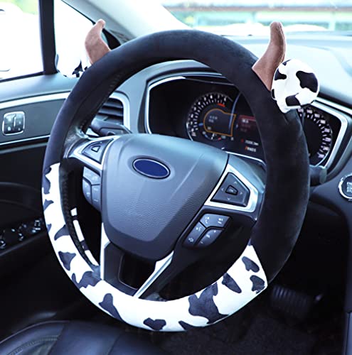 Cow Print Plush Warm Steering Wheel Cover Cute Animal Car Steering Wheel Cover for SUV Van Sedan Car Truck Gift for Women, Universal 15"