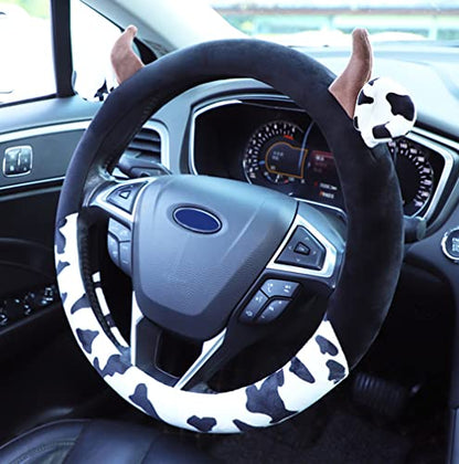 Cow Print Plush Warm Steering Wheel Cover Cute Animal Car Steering Wheel Cover for SUV Van Sedan Car Truck Gift for Women, Universal 15"