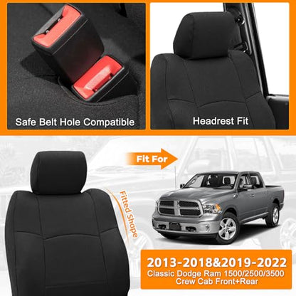 Front & Rear Seat Cover Compatible with 2013-2018 Dodge Ram & 2019-2022 Classic Ram Crew Cab, Neoprene Durability Truck Seat Cover, Rear ONLY Fit Full Bench Rear Seat Without Armrest - color: Black, size: 2013-2022 Ram 1500/2500 Front & Rear