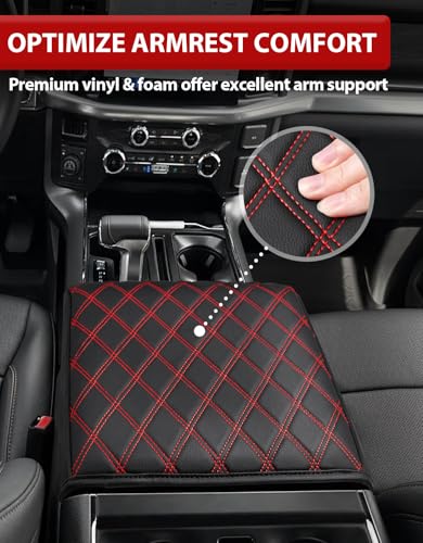 KBH Center Console Armrest Cover for 2021-2026 Ford F150, Middle Console Lid Protector, Arm Rest Box Cushion, Anti-Scratch, Black-Red Stitch (Fits Bucket Seat Console Only) - size: Bucket Seat, 21-26 F150, Red Stitch