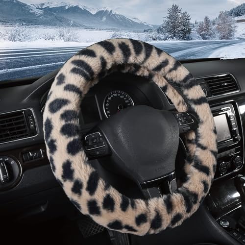 Road Comforts Steering Wheel Cover, Fluffy Car Wheel Covers for Women/Girls/Ladies，Soft Wool Fur Steering Wheel Protector, Universal 14 1/2 inches to 15 inches - White - color: Beige Leapord