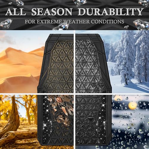 CAR PASS Bling Diamond Car Mats Rubber Floor Mats Full Set Anti-Slip 3D Rhombus Waterproof Trim to Fit Liner Universal Glitter Crystal Sparkly Shining Rhinestone Girl Women SUV Sedan, Black Diamond - color: Black Diamond