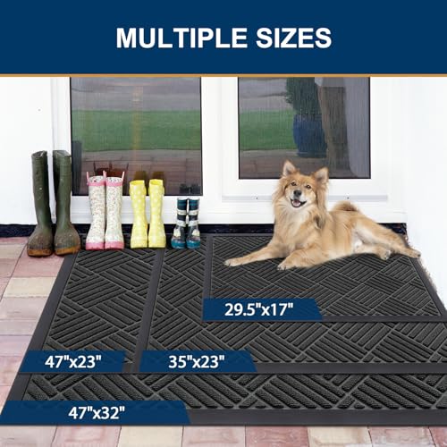 Smiry Front Door Mat Outside Entrance, Heavy Duty Outdoor Indoor Natural Rubber Doormat, Non Slip, Trap Dirt and Moisture, Easy Clean, Low Profile Patio Porch Entryway Mat, 47x32, Black