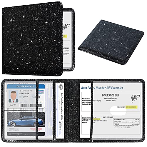 DMLuna Car Registration and Insurance Holder, Folio Leather Vehicle Card Document Glove Box Organizer, Auto Truck Compartment Accessories for Essential Information, Driver License Cards, Glitter Black - color: Glitter Black, size: Folio Style