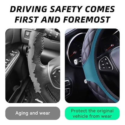 15 Inch Car Leather Steering Wheel Cover, Automotive Accessories Elastic Breathable Anti-Slip Soft Wheel Protector Fits Men and Women, Suitable for SUVs, Trucks, Vehicles and RVs (Dark Green) - color: Dark Green