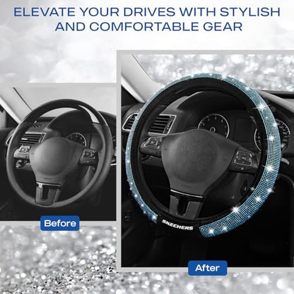 Skechers Women’s Bling Steering Wheel Cover, Velvet with Sparkly Crystal Rhinestones, Stylish Car Interior Gift, Universal Fit 14" 1/2-15" for Cars, SUVs, Trucks, Blue Diamond