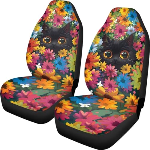 Cute Cat Car Seat Covers Front Seats Only,Hippie Universal Fit for SUV Vehicles Floral Automotive Car Accessories Universal for SUVs, Trucks, Car - color: Cute Cat Hippie Flower