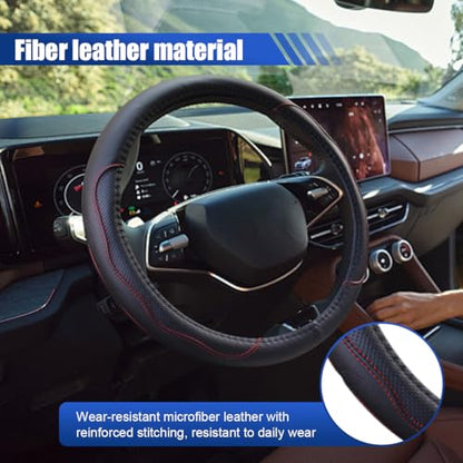 Car Steering Wheel Cover, 15 Inch Leather Anti-Slip Breathable Automotive Steering Wheel Protector, Universal Heat Resistant Vehicle Interior Accessories Cars, SUVs, Trucks(Black&Red) - color: Black&Red