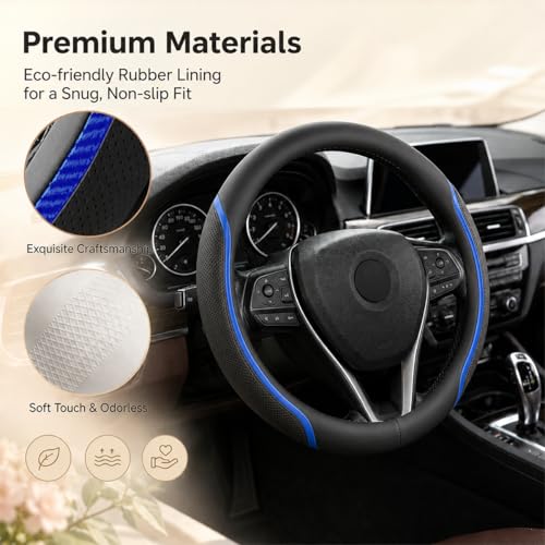 Steering Wheel Cover Blue, Carbon Fiber Car Steering Wheel Covers with Coasters Universal 14.5-15 inch Leather Microfiber Breathable Anti-Slip Steering Wheel Accessories Set - color: Blue, size: Medium