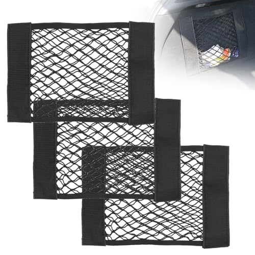 3 Pack Car Trunk Storage Net with Nylon Sticker, Mesh Cargo Net for Car Trunk Storage, Secure Cargo Holder for Auto SUV Trunk Back RV Camper, Pouch Bag Storage for Storing Bottles Tools Small Items